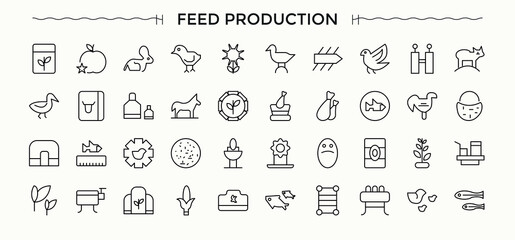 Feed Production icon collection. Feed icon set. Icons for website. Featuring production, agriculture, plant, food, farming, factory and more. Vector illustration.