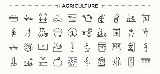 Agriculture icon set. Contain linear symbols plant, agro, farm, harvest, garden and more. Gardening icon set in linear style. UI icons set in a thin style. Vector artwork and illustration.