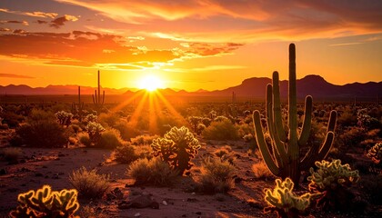 Sunlit Desert Cactus Valley with Golden Evening Mood