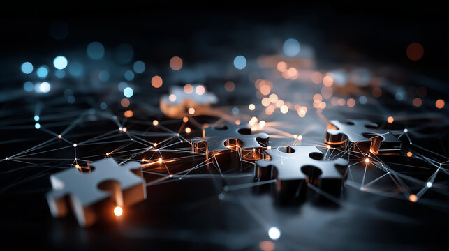 API integration represented by interlocking digital puzzle pieces, defocused illuminated against high-tech abstract backdrop, flowing data lines, connectivity concept, with copy