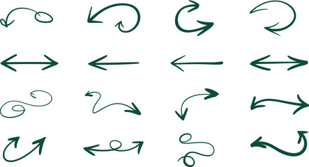 Fototapeta premium Set of Green Hand Drawn Decorative Arrow Icons Featuring Elegant Curls Spirals Swirls and Sketched Directional Pointers for Creative Design