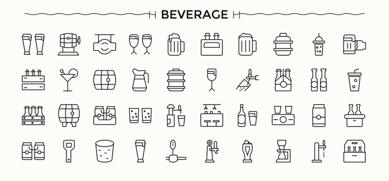 Beverage icon set. Minimal icons set. Editable stroke. Wine icon set. Contain linear symbols wine, champagne, soda, cocktail, juice, drink and more.
