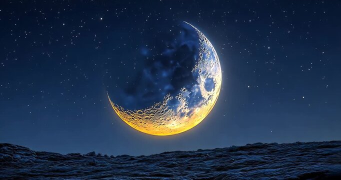 A crescent moon glows brightly in the night sky, illuminating a textured landscape under a blanket of stars. 