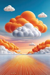 Obraz premium Abstract cloudscape with orange and white clouds over a glowing circuit road at sunrise
