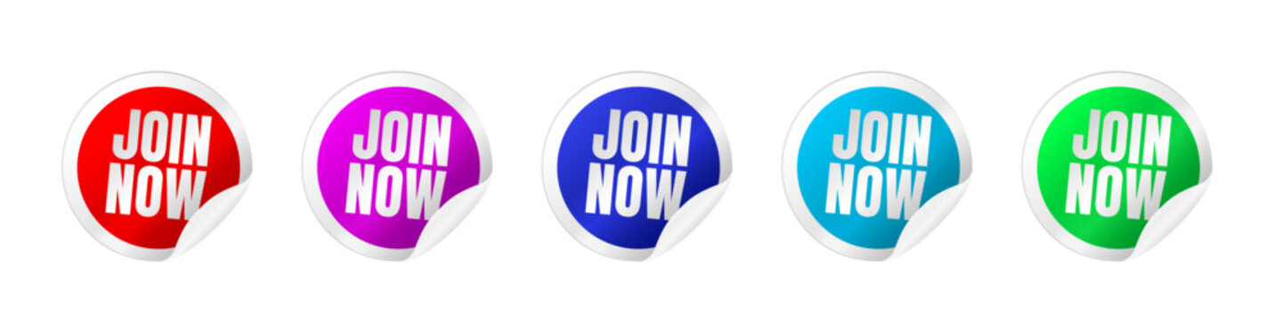 Join now colorful round stickers with curled edge