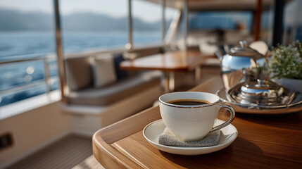 Fototapeta premium Luxurious yacht coffee break, defocused maritime refreshment, nautical leisure moment, ocean cruise relaxation, upscale beverage service, boat deck atmosphere, with copy space