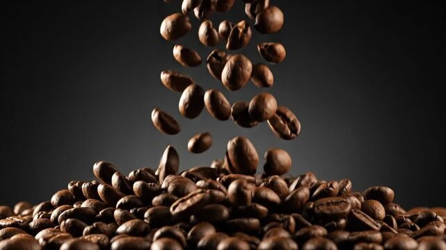 Roasted coffee beans falling onto a pile, creating a rich and aromatic scene.