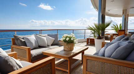 Fototapeta premium Exterior sundeck lounge zone with luxury furniture on super yacht, defocused modern sea vessel, teak deck flooring, clear blue sky, ocean cruise vacation, with copy space