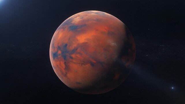 A realistic view of Mars, the Red Planet, in deep space. The planet is marked by its reddish surface with visible canyons and geological features. There is also the Sun shining in the picture