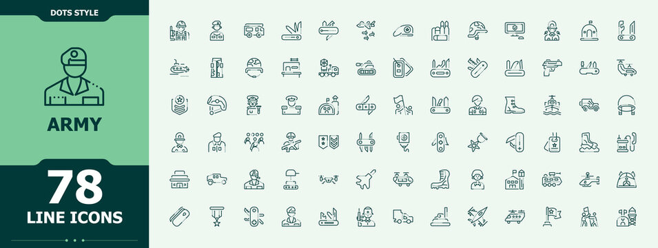 Army icon collection. Navy vector icons collection. Outline icons in linear style. Defense icon set. Editable stroke. Vector collection.