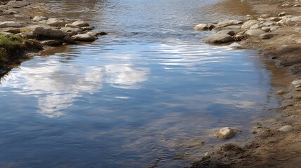 Obraz premium A clear river surface reflecting clouds under a bright blue sky with rocky banks