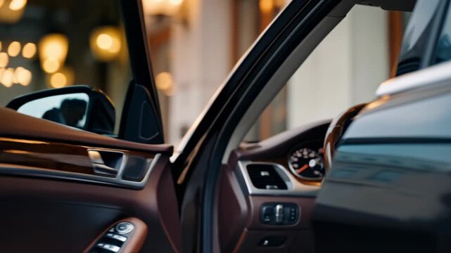 hotel valet opening luxury car door as camera moves inside toward dashboard, showing premium service, elegance, and exclusive travel experience