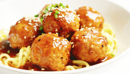 Teriyaki meatballs, Ramen noodles with a sweet and tangy teriyaki sauce, selective focus. AI