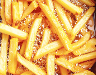 French fries are deep frying in oil, full frame, top view. AI