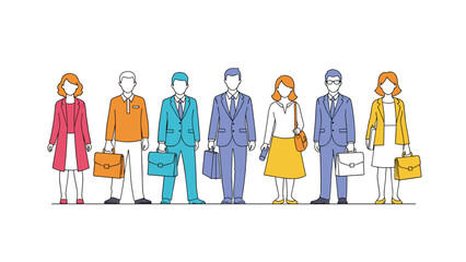 Diverse group of professional business people stands in a row representing team unity and collaborative corporate workforce.