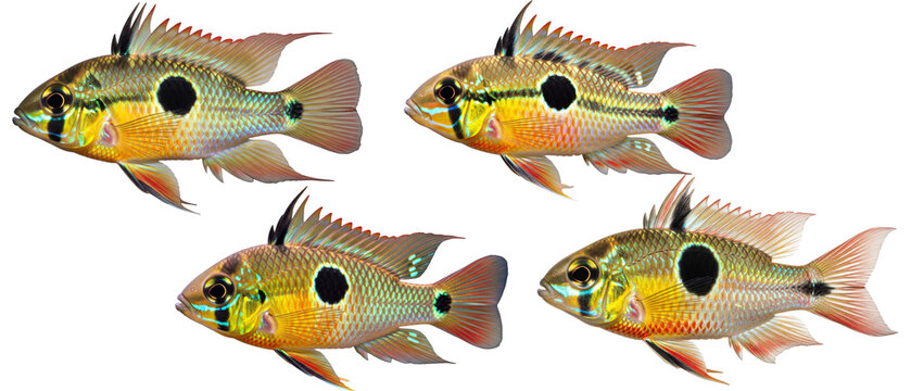 A group of four Bolivian Ram cichlid fish isolated on a white background.