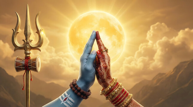 Sacred hands of lord shiva and parvati touching against glowing sun backdrop for maha shivratri festival and mahadev celebration wallpaper for religious use