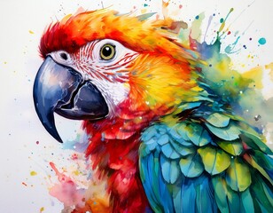 Obraz premium modern colorful watercolor painting of a parrot textured white paper background vibrant paint splashes created with generative ai
