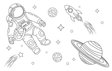 Black and white line illustration of an astronaut floating in space with a rocket, planets, stars, comets, and asteroids. Clean outline drawing style, isolated on a white background. © MNAStudio