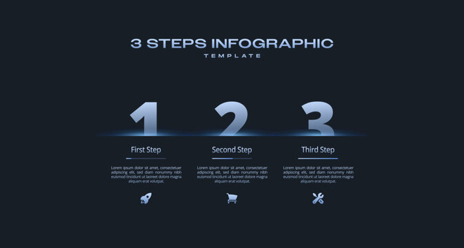 Dark theme infographic template with 3 steps diagram process.  Neon gradient flowchart with icons and numbers.