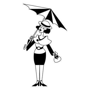 Art deco woman umbrella monocolor character