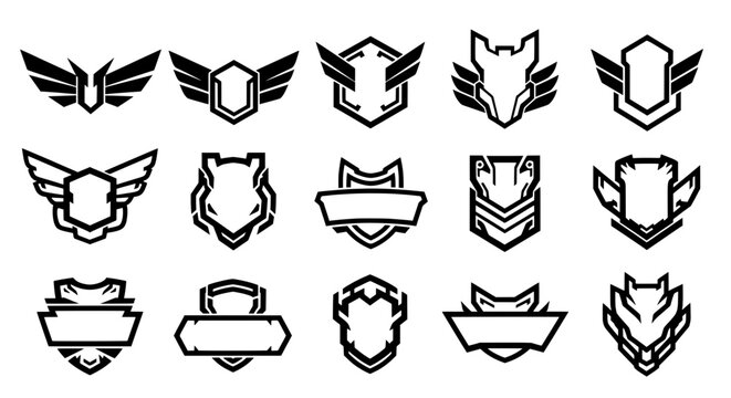 Vector collection of black fox head mascots and winged shield icons with empty banners perfect for gaming team logos and clan identity design