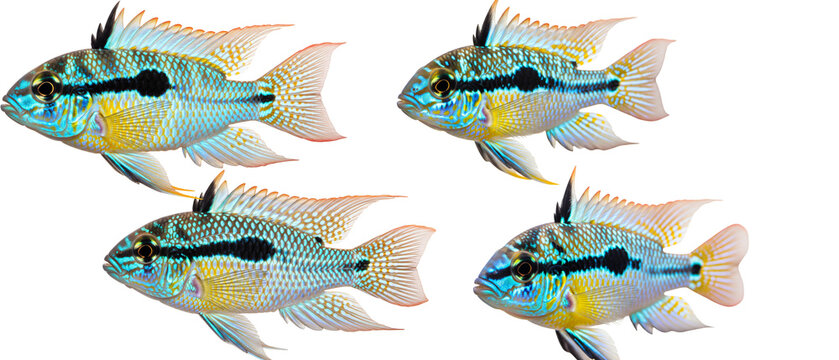 A school of four vibrant Electric Blue Ram Cichlid fish isolated on a white background.