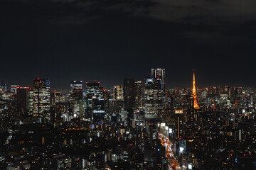 Obraz premium Aerial view of the city of Tokyo at night and the Tokyo Tower along with the city lights