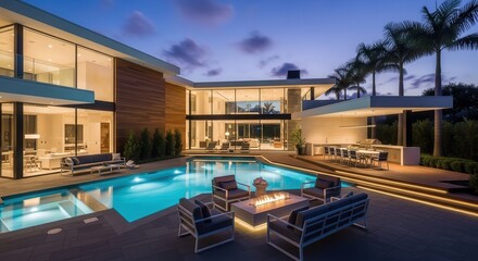 Fototapeta premium Modern luxury villa at dusk with illuminated pool and palm trees night scene