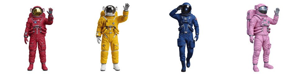 Set of Astronauts in Colorful Red Yellow Blue and Pink Spacesuits Waving and Saluting © Rama
