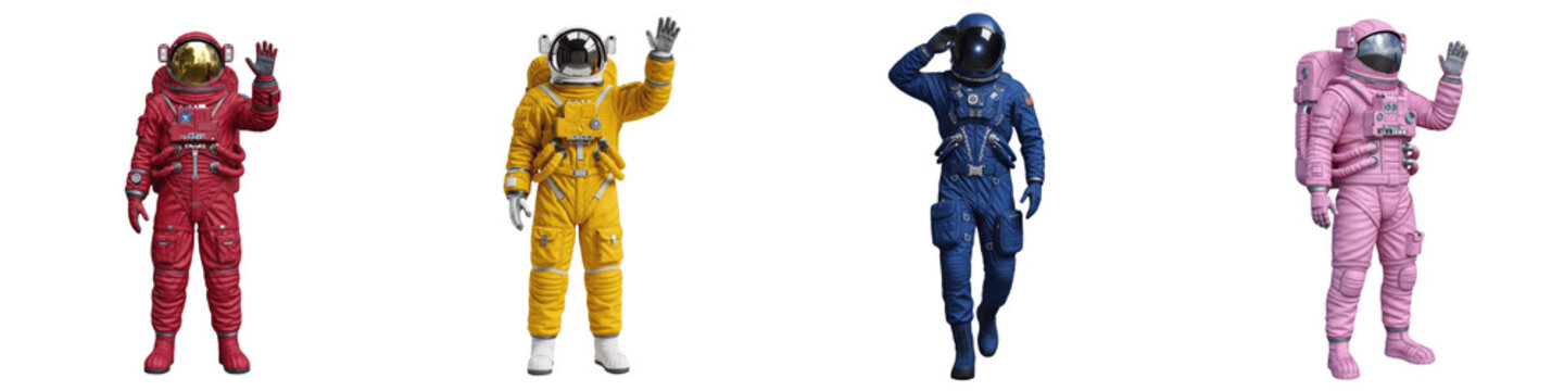 Set of Astronauts in Colorful Red Yellow Blue and Pink Spacesuits Waving and Saluting