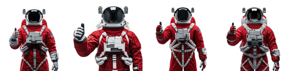 Set of Astronauts in Red Spacesuits Giving Thumbs Up Sign for Space Exploration Success © Rama