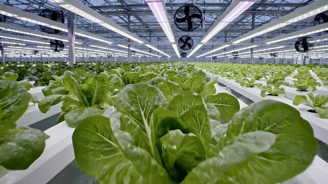 Hydroponic Lettuce Growing in Indoor Farm - Rows of lush green lettuce plants are shown growing hydroponically inside an indoor vertical farm.