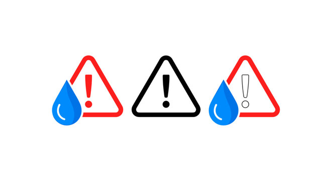 Water drop warning sign icons with exclamation mark vector set alert symbol
