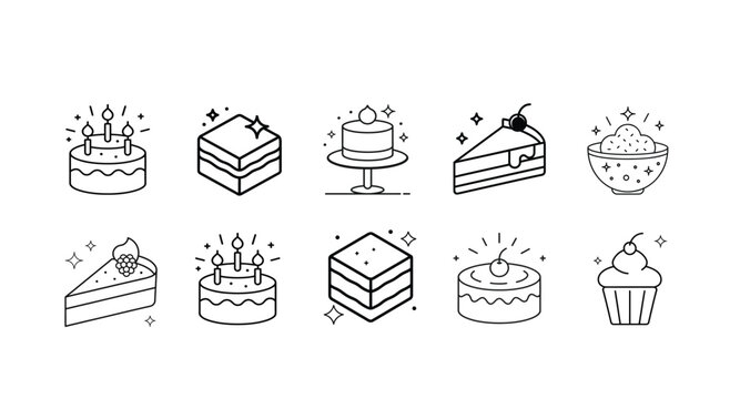Cake and dessert line icon set, birthday celebration sweet food symbol, cupcake and sliced pastry, bakery treat and delicious cream cake vector illustration with editable stroke.