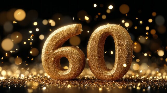 A gold number 60 is surrounded by glitter