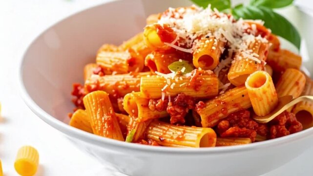 Modern pr&auml;sentierte Rigatoni al Pomodoro mit glatter Tomatensauce