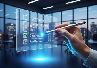 Hand holding stylus checking Client Name on virtual checklist in modern office
