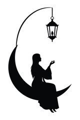 Silhouette of a woman sitting on a crescent moon with a hanging lantern