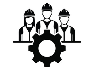 Three workers in hard hats with a gear symbol teamwork collaboration