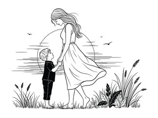 Mother and child standing together in a serene natural setting by water