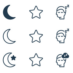 Dreamy night icons with moon, stars, and sleeping heads