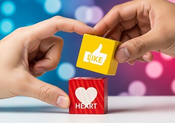 Hands arranging wooden blocks with like and heart symbols on colorful background