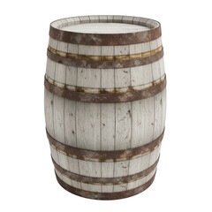 Obraz premium A weathered wooden barrel standing upright against a white background