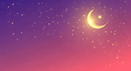 Serene night sky with a crescent moon and twinkling stars over a soft gradient horizon