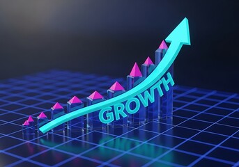 3D graph showing upward trend with 'GROWTH' label and rising arrow symbolizing business success