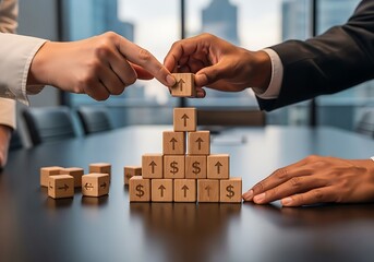 Business professionals collaborating on financial growth strategy in modern office setting