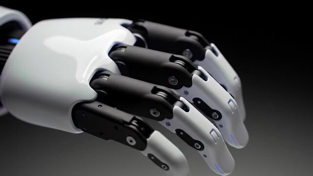 ultra-detailed ecu video: robotic prosthetic hand with matte black joints, polished white casing, precisely articulating fingers to a powerful fist. advanced robotics concept