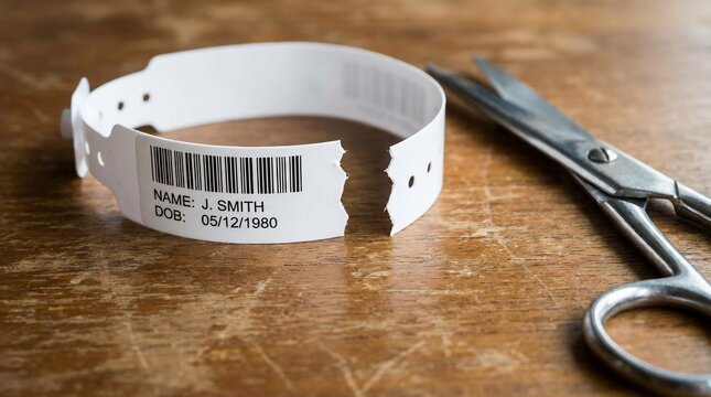 Hospital Wristband with Barcode and Scissors.