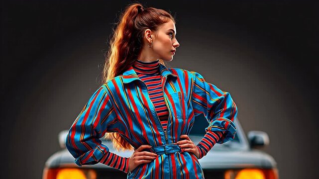 Woman in colorful striped outfit